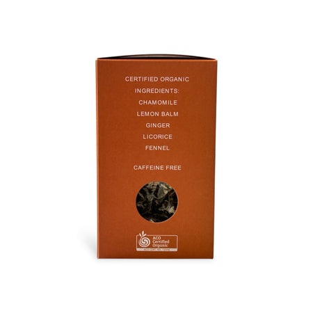 chamomile lemon balm tea, 'Certified Organic Chamomile, lemon balm, ginger, licorice, fennel caffeine free