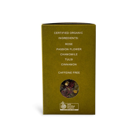 certified organic loose-leaf tea ingredients: rose, passion flower, chamomile, tulsi, cinnamon, and notes that it is caffeine free.